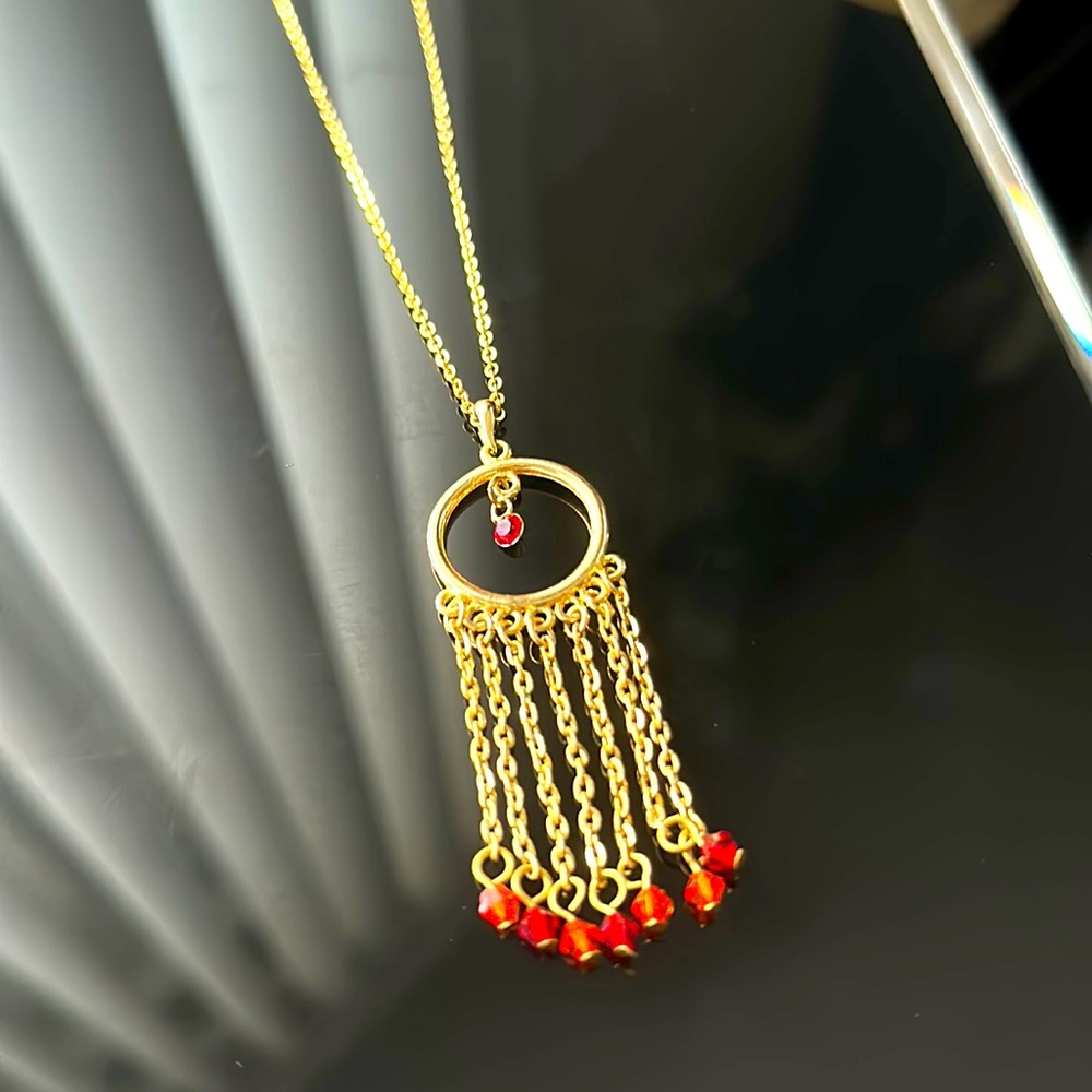 Gold Plated Pendant Red Rhinestones 17”